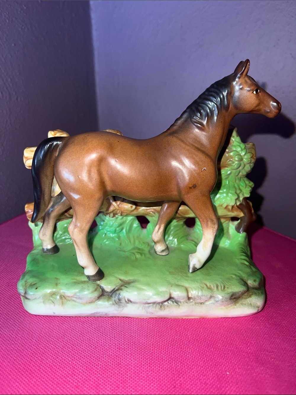 Vintage Norcrest Brown Ceramic Horse Figurine on Green Base